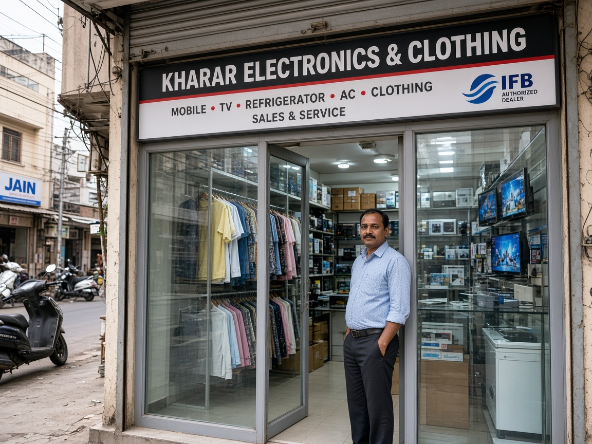 Indian shopkeeper at toughened glass shop front