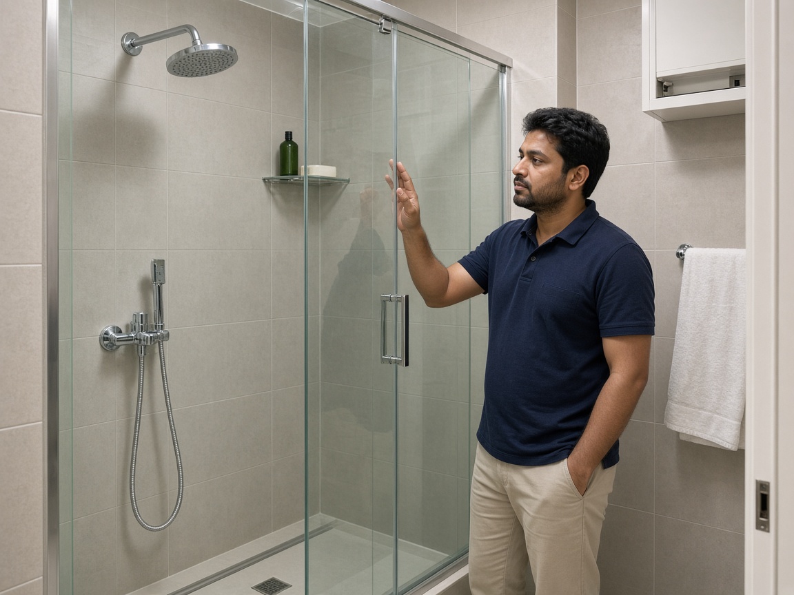 Glass shower enclosure installed in Indian bathroom