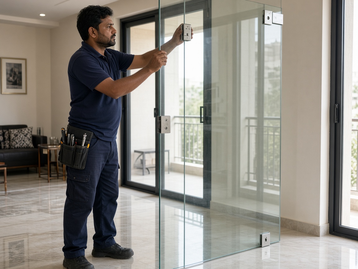 Indian installer fitting toughened glass door in apartment