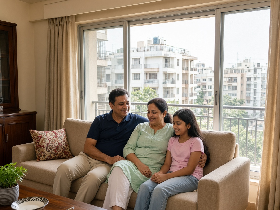 Indian family near aluminium glass windows in apartment